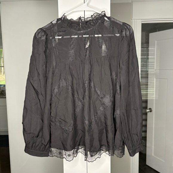 NWT Madewell Lace-Inset Top Blouse Silk True Black - Picture 2 of 6